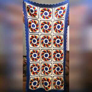 Vtg Rainbow Handmade Crochet Lap/Baby Blanket Blue Border Pinwheel 29x57